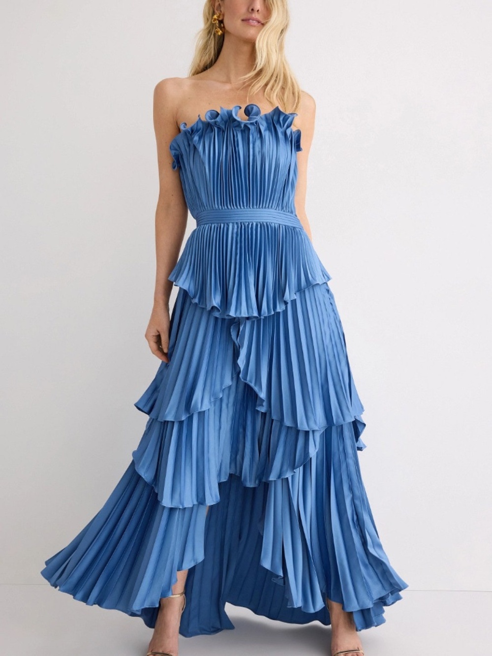AMUR Strapless Tiered Pleated Maxi Dress in Cornflower Blue